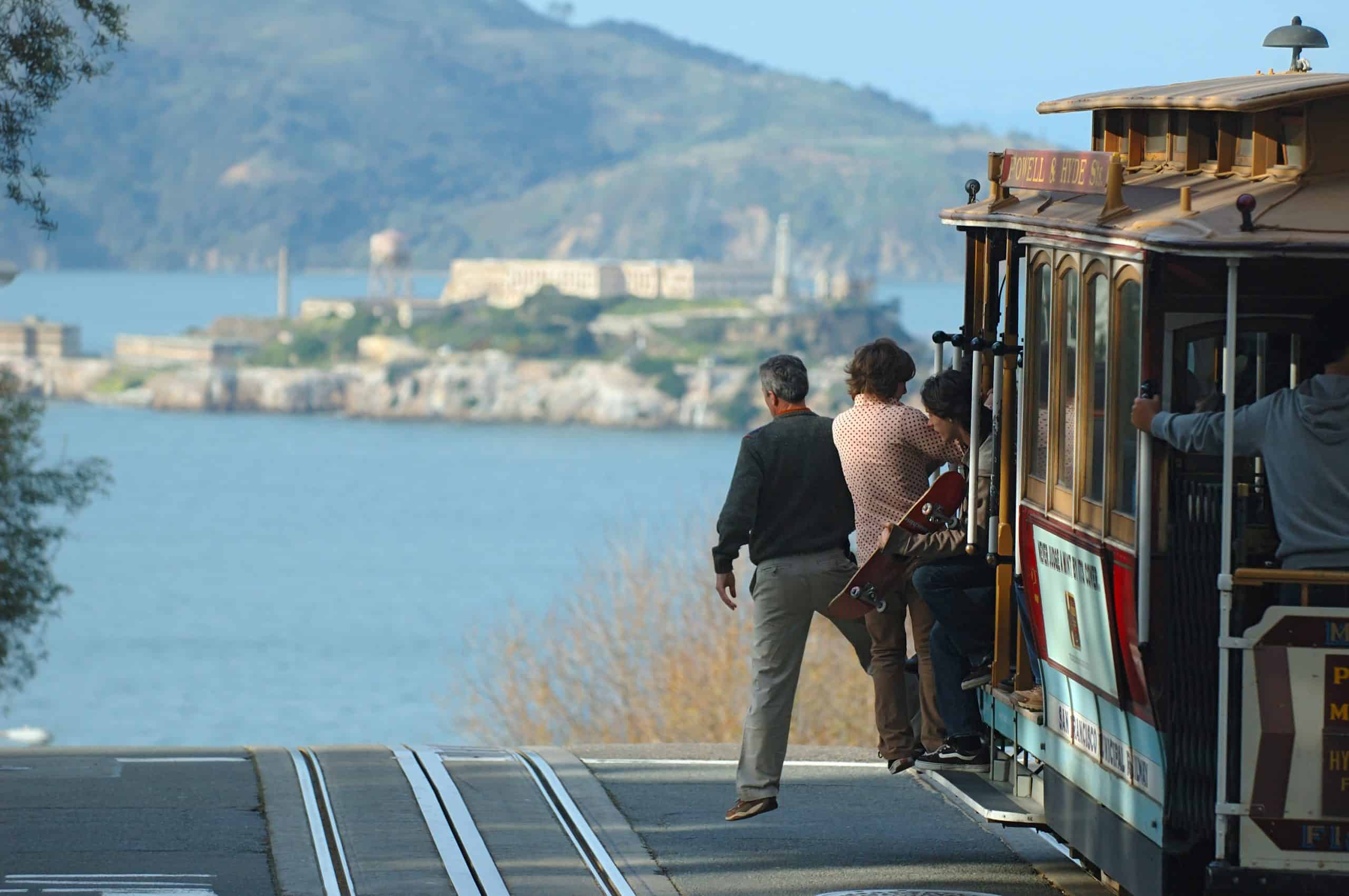 San Francisco cable car and view of alcatraz island